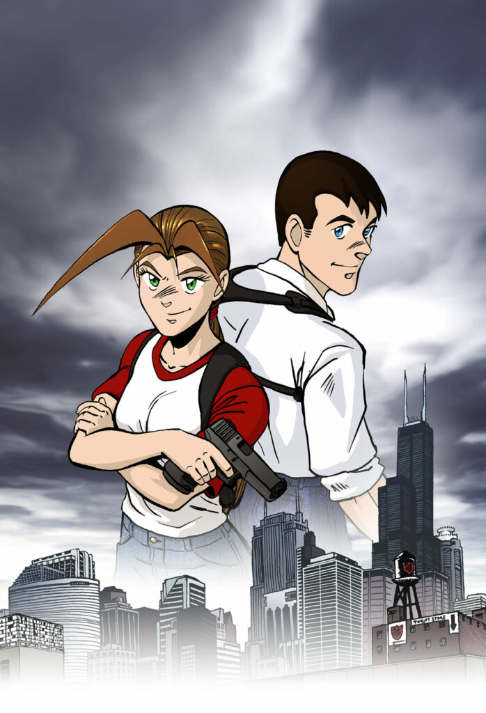 PART ONE: EQUILIBRIUM Cover - Two police detectives pose over the Chicago city skyline on a cloudy day. Anime, manga, comics, digital painting, illustration.