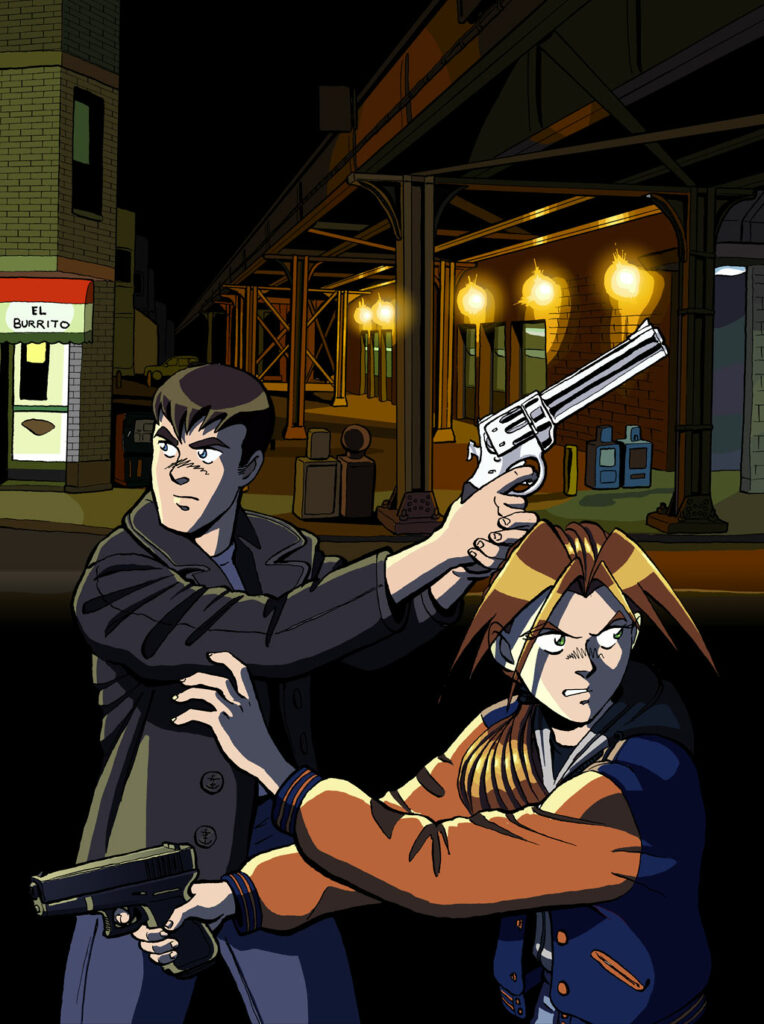 PART TWO: AGITATION - Two police detectives cautiously stalk a Chicago street at night under the train tracks with their guns drawn. Anime, manga, comics, digital painting, illustration.