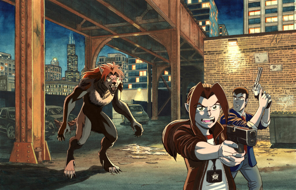 The Art of Paradigm Shift Cover - "Under the Tracks" - A pair of Chicago police detectives pull their guns in an alleyway under the train tracks with a fierce werewolf behind them. Anime, manga, comics, gouache, acrylic, painting, illustration.