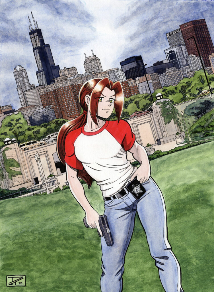 Grant Park Skyline - An armed young woman in a ponytail stands in the grass in front of the Chicago city skyline. Anime, manga, comics, watercolor, painting, illustration.