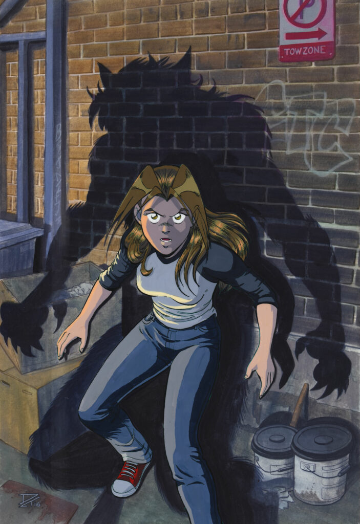 Cornered - An alarmed young woman backed into a corner in a brick alleyway with the shadow of a werewolf looming over her. Anime, manga, comics, gouache, acrylic, painting, illustration.