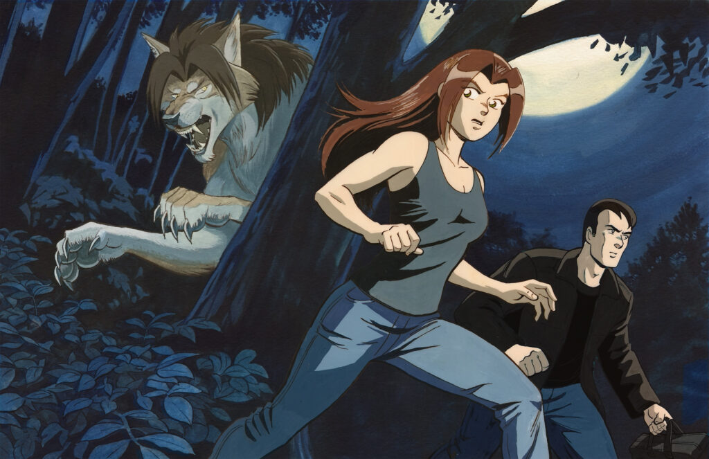 Flight - A man and a young woman step out of the dark woods under a full moon with a fierce werewolf eyeing them from behind a tree. Anime, manga, comics, gouache, acylic, painting, illustration.