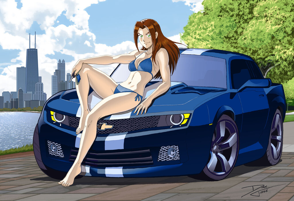 Bitchin' Camero - A beautiful young woman in a bikini sits on top of a blue Chevy Camero while holding the keys in Chicago. Anime, manga, comics, digital painting, illustration.