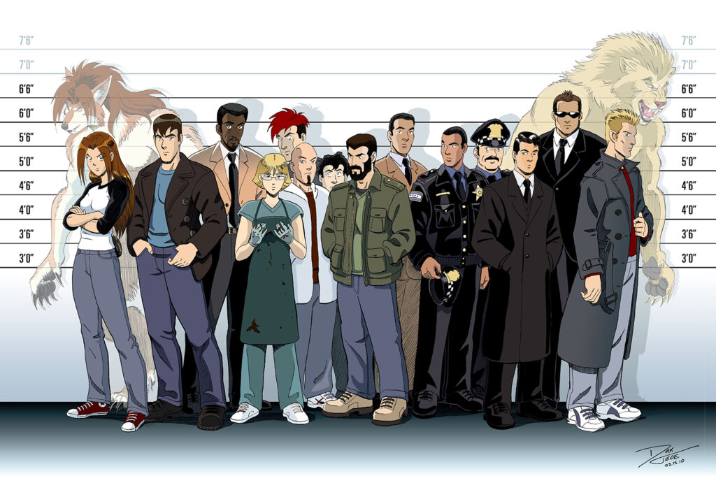 The Unusual Suspects - A police lineup featuring detectives, cops, FBI agents, a werewolf, and a werelion. Anime, manga, comics, digital painting, illustration.