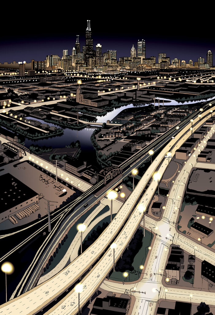 City Lights - The Chicago skyline at night as viewed from above the south west side. Anime, manga, comics, digital painting, illustration.
