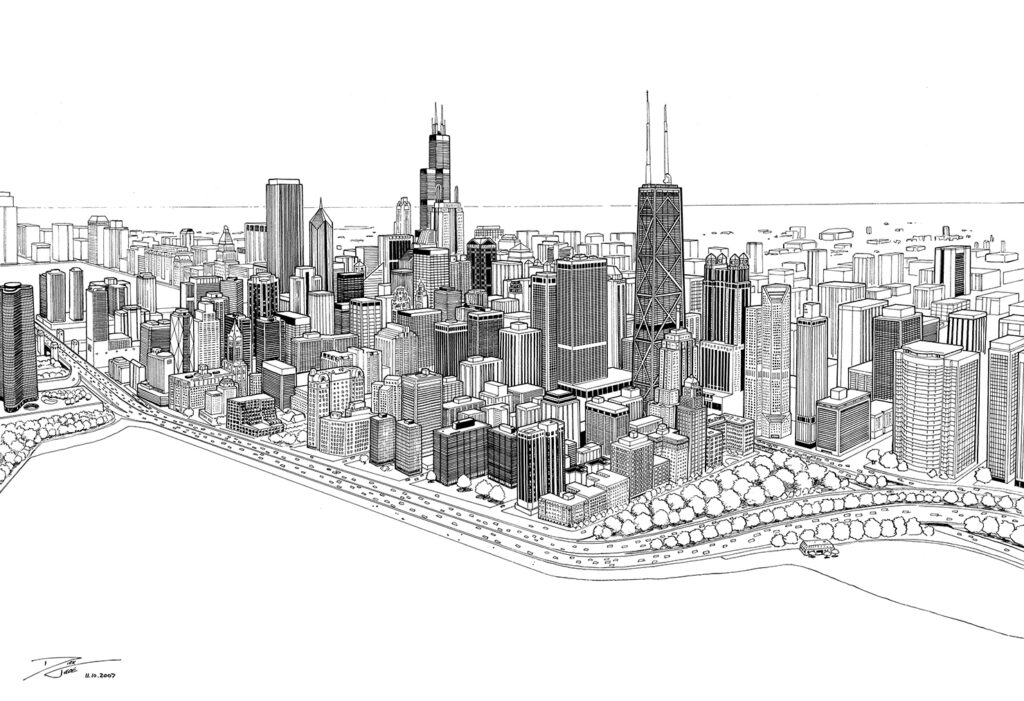 Lake Shore Drive - A pen and ink depiction of the Chicago skyline circa 2007, as viewed from above and facing westward along the edge of Lake Michigan. Comics, illustration.
