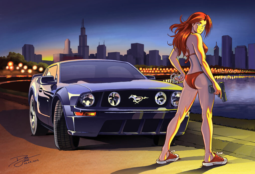 Mustang Katie - A beautiful young police woman poses at sunset in a bikini while holding a gun and handcuffs, with Ford Mustange and the Chicago city skyline in the background. Anime, manga, comics, digital painting, illustration.