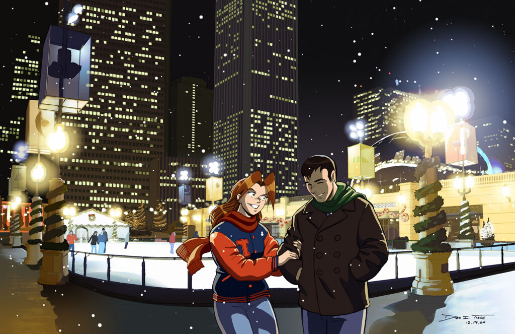Millenium Park - A happy couple in the snow in Chicago's Millenium park, standing in front of the skating rink at night with lights of the skyscrapers of the Chicago skyline in the background. Anime, manga, comics, digital painting, illustration.