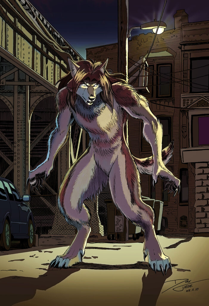 Urban Wolf - A female werewolf in an alleyway at night under the train tracks in Chicago. Anime, manga, comics, watercolor, painting, illustration.