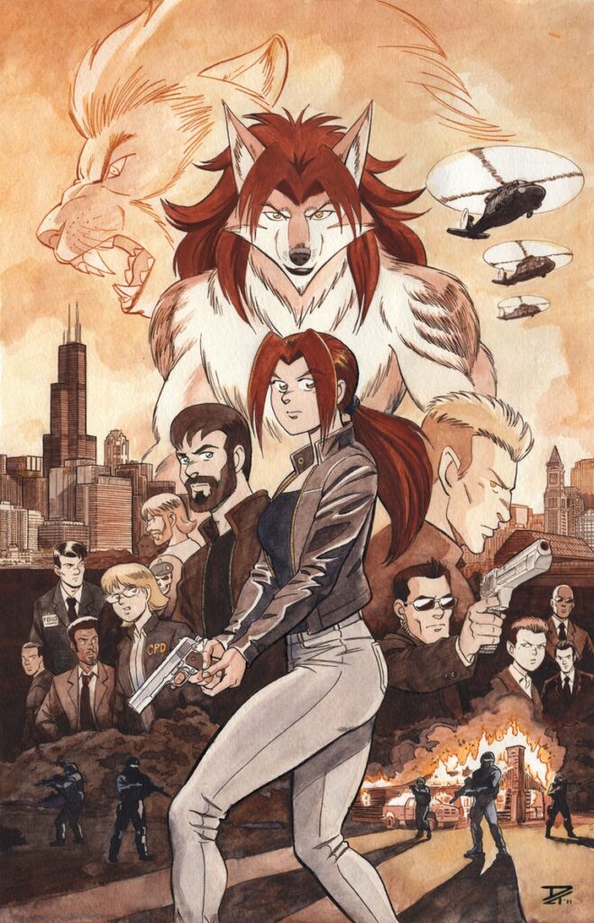 INSTINCT Epic Poster - An intense, armed young woman stands ready as the cast of Paradigm Shift, her werewolf form, a werelion, Blackhawk helicopters, Chicago, and Boston skylines are arrayed behind her. Anime, manga, comics, watercolor, painting, illustration.